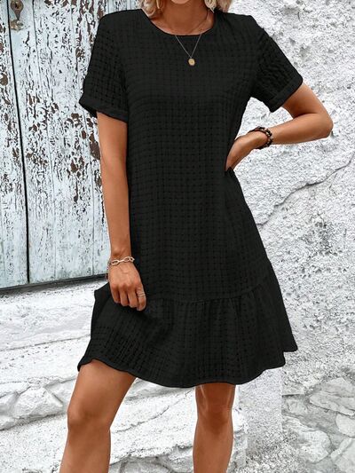 Round Neck Short Sleeve Ruffle Hem Dress